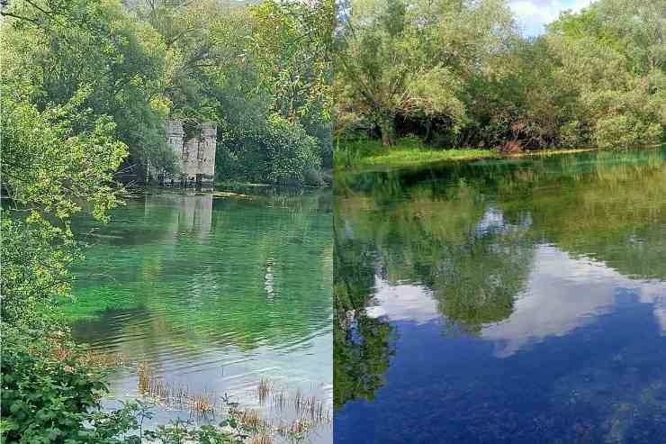 due foto del Lago di Capodacqua che cambia colore