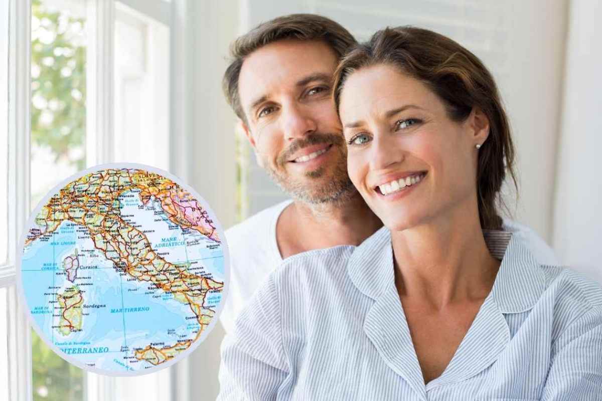 uomo e donna e cartina dell'italia in cornice