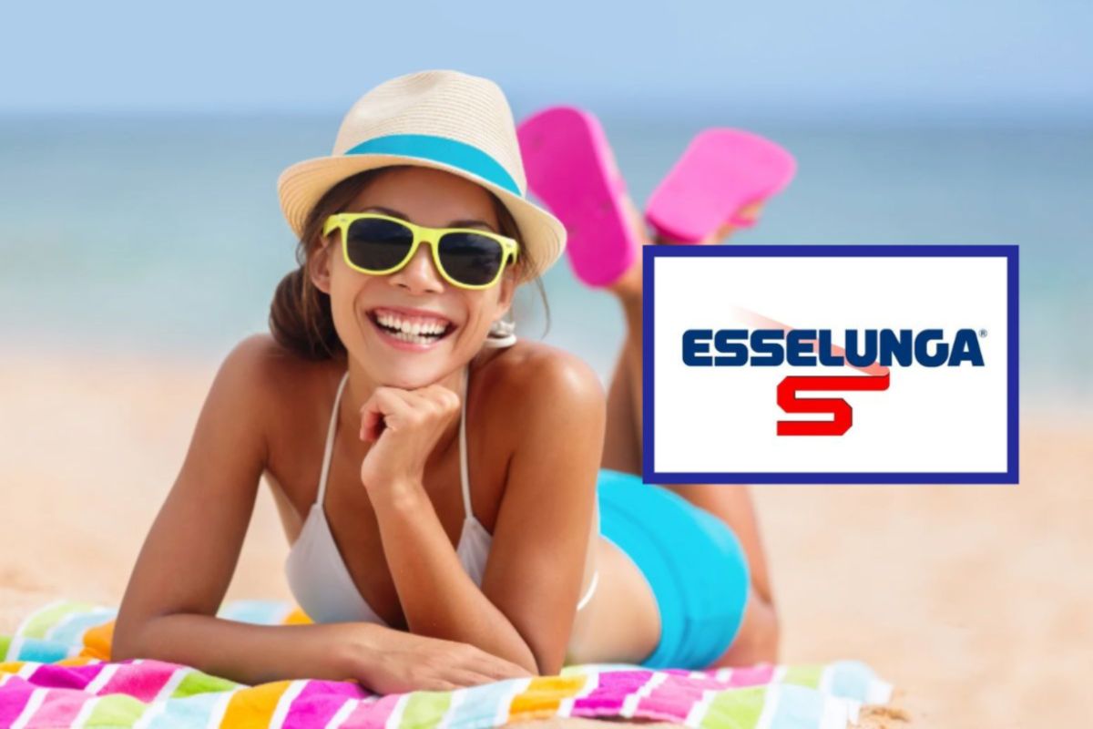 donna in spiaggia sdraiata sull'asciugamano e logo esselunga