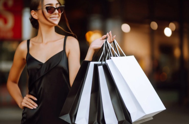 donna che sorride con in mano tante borse da shopping