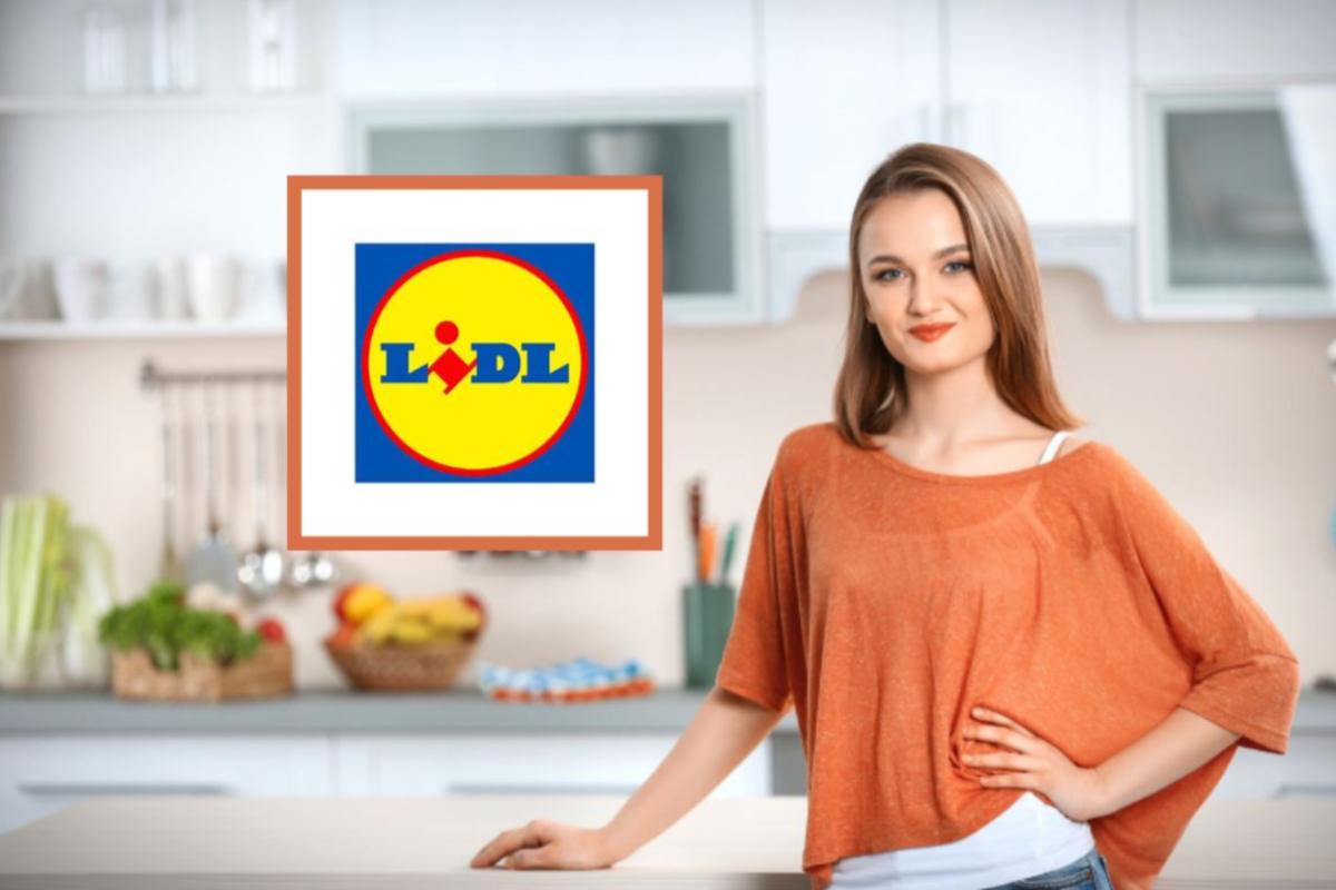 donna che sorride in cucina e logo lidl