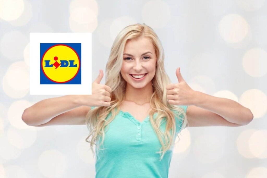 donna che sorride con i pollici verso l'alto e logo lidl
