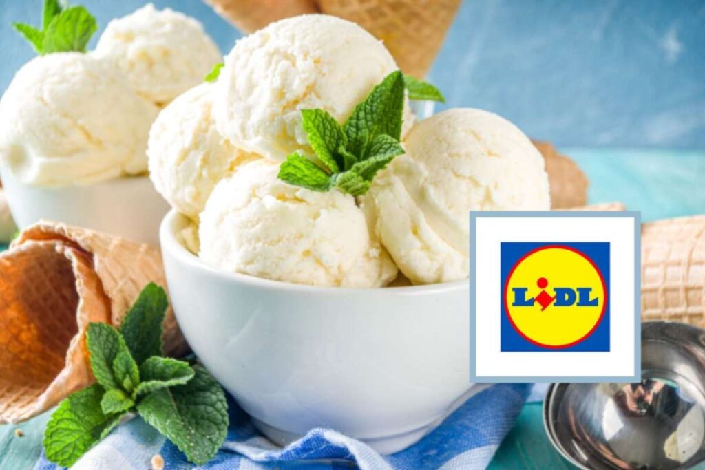 coppe di gelato alla crema con intorno dei coni e logo lidl