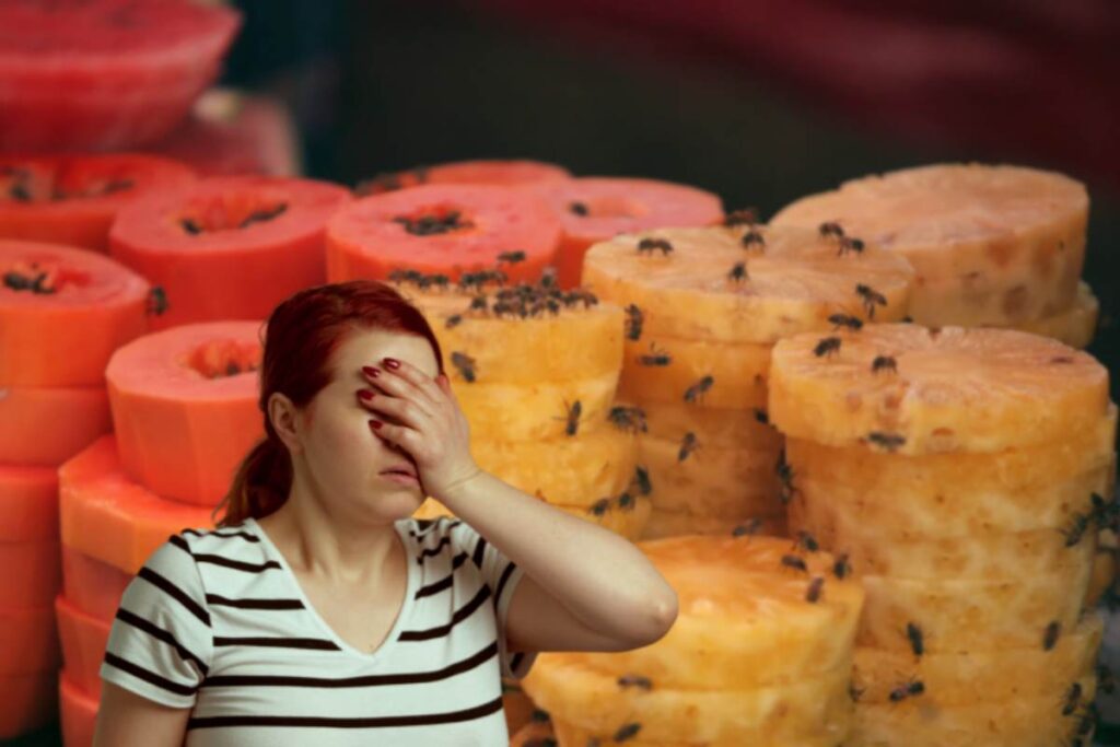 moscerini sulla frutta e donna con mano sul viso
