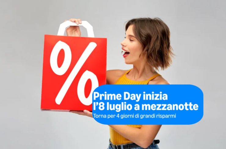 donna con busta da shopping e scritta prime day
