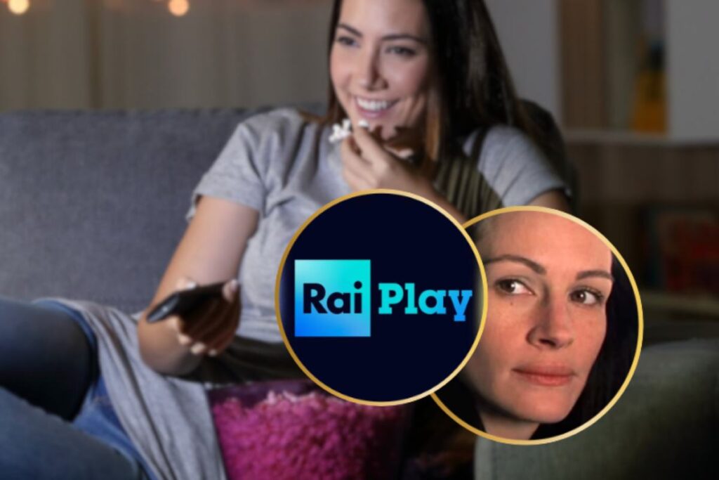donna che guarda la tv e logo raiplay