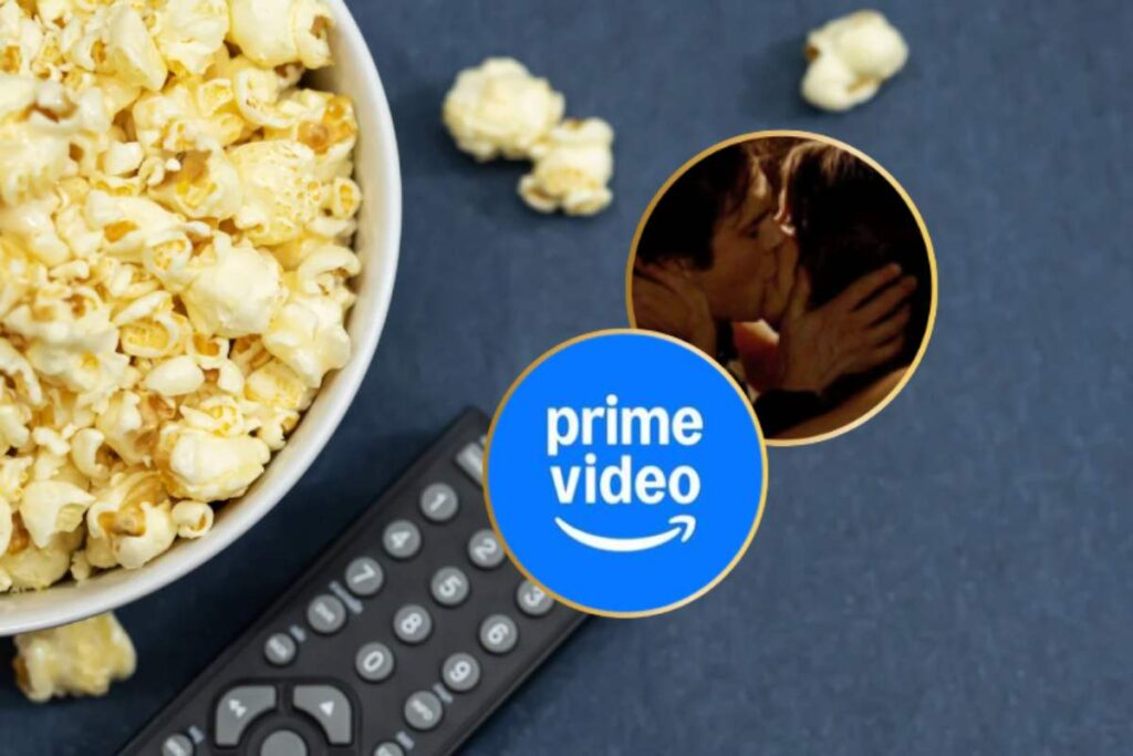 ciotola di popcorn e telecomando con logo prime video