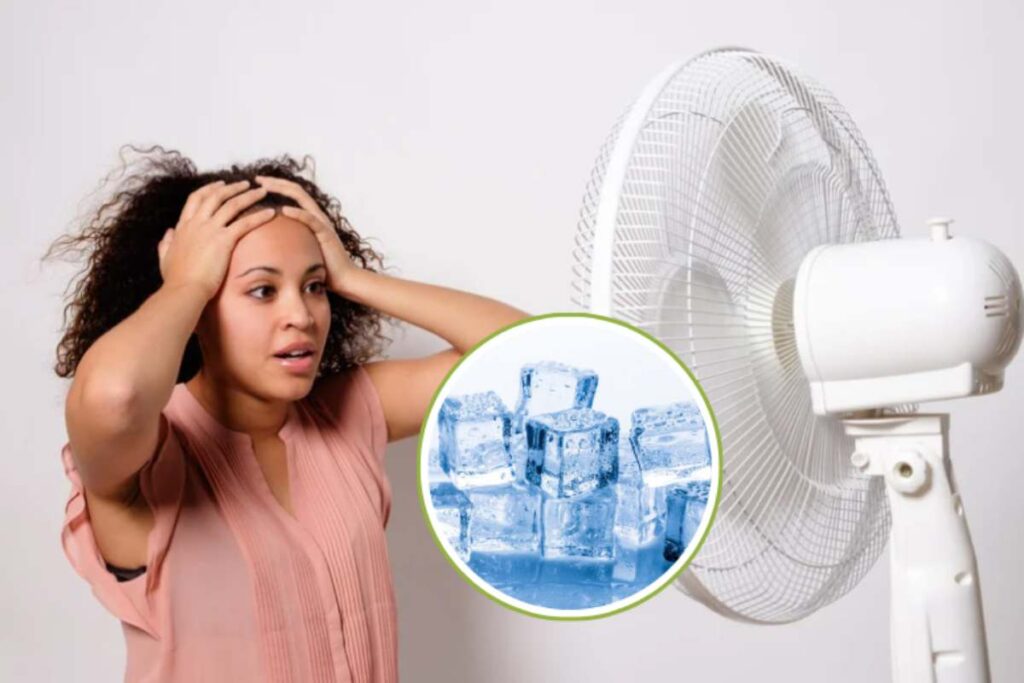 donna con ventilatore e ghiaccio