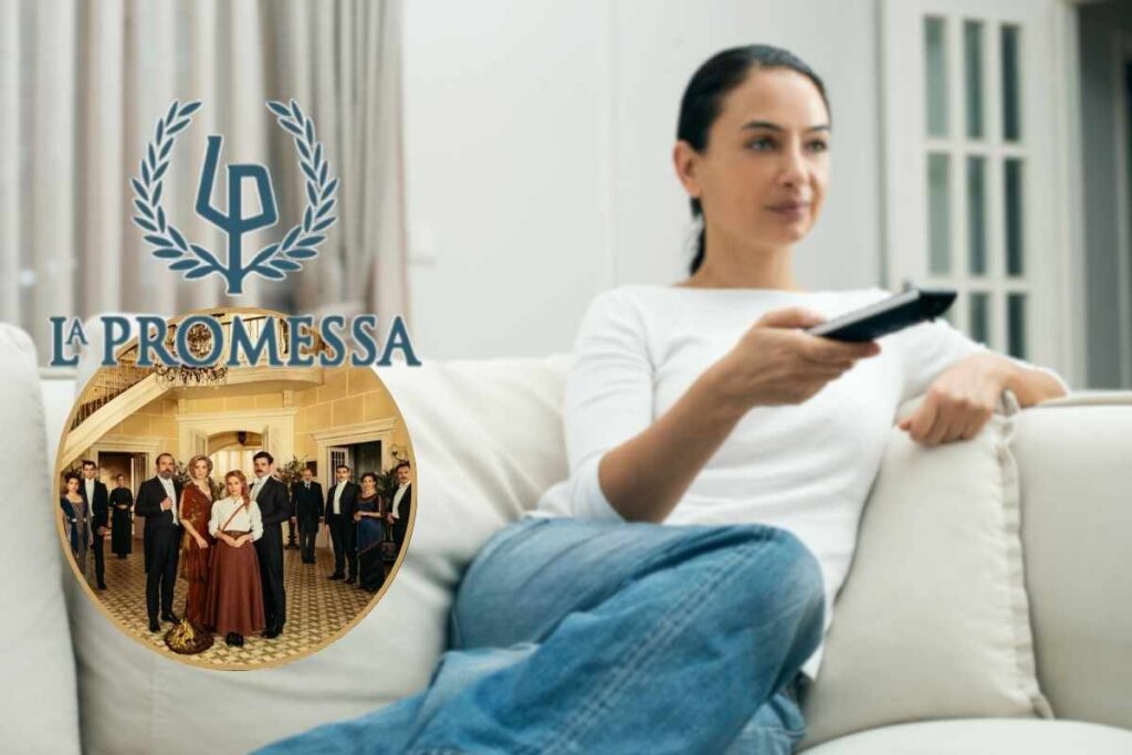 ragazza seduta sul divano con il telecomando e cast e logo la promessa