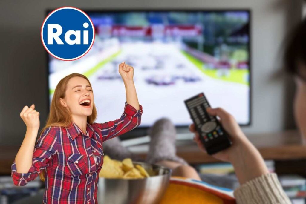 donna che guarda tv, logo rai e una donna che esulta