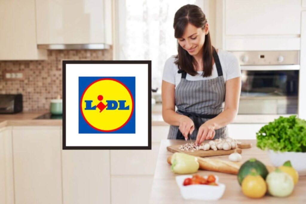 donna che affette delle verdure e logo lidl