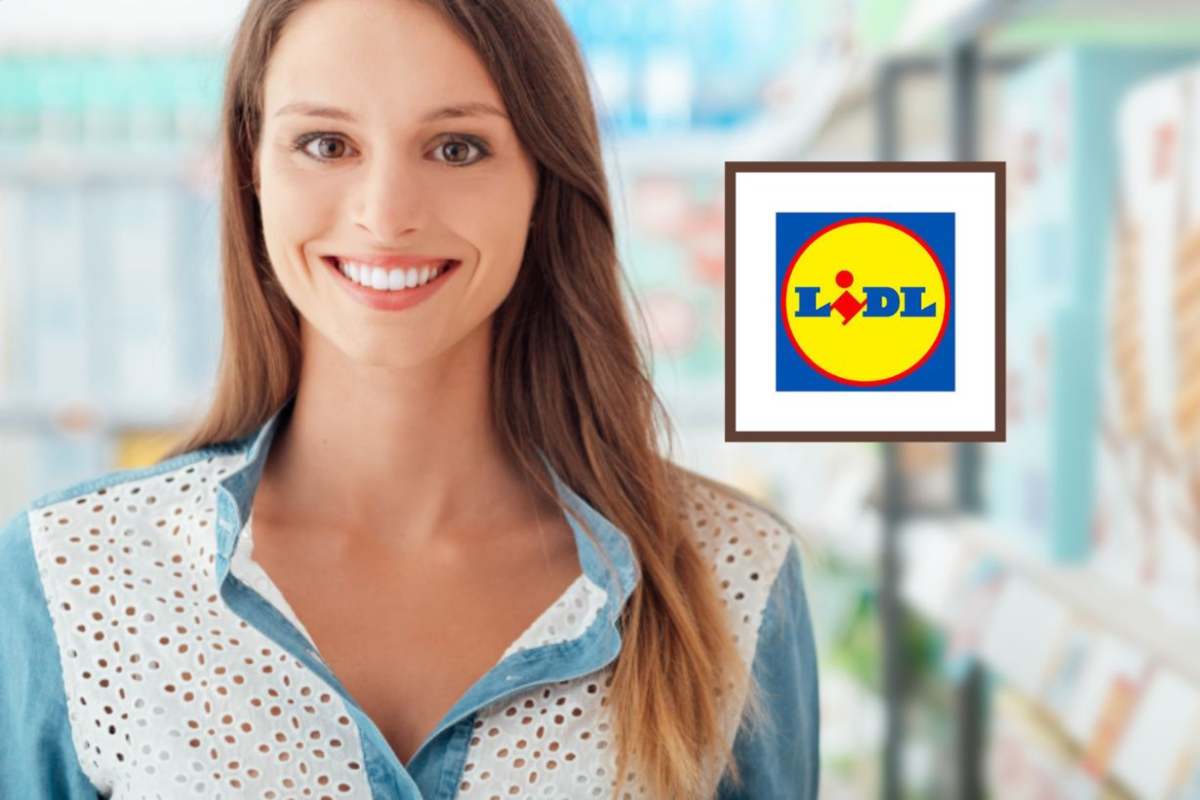 donna al supermercato che sorride e logo lidl