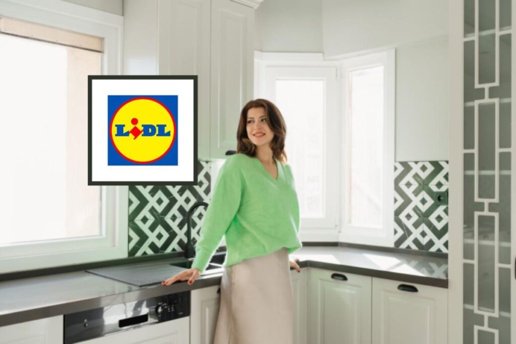 donna sorridente in cucina e logo lidl
