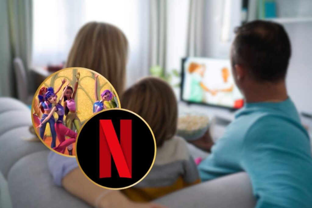 famiglia guarda la tv e logo netflix