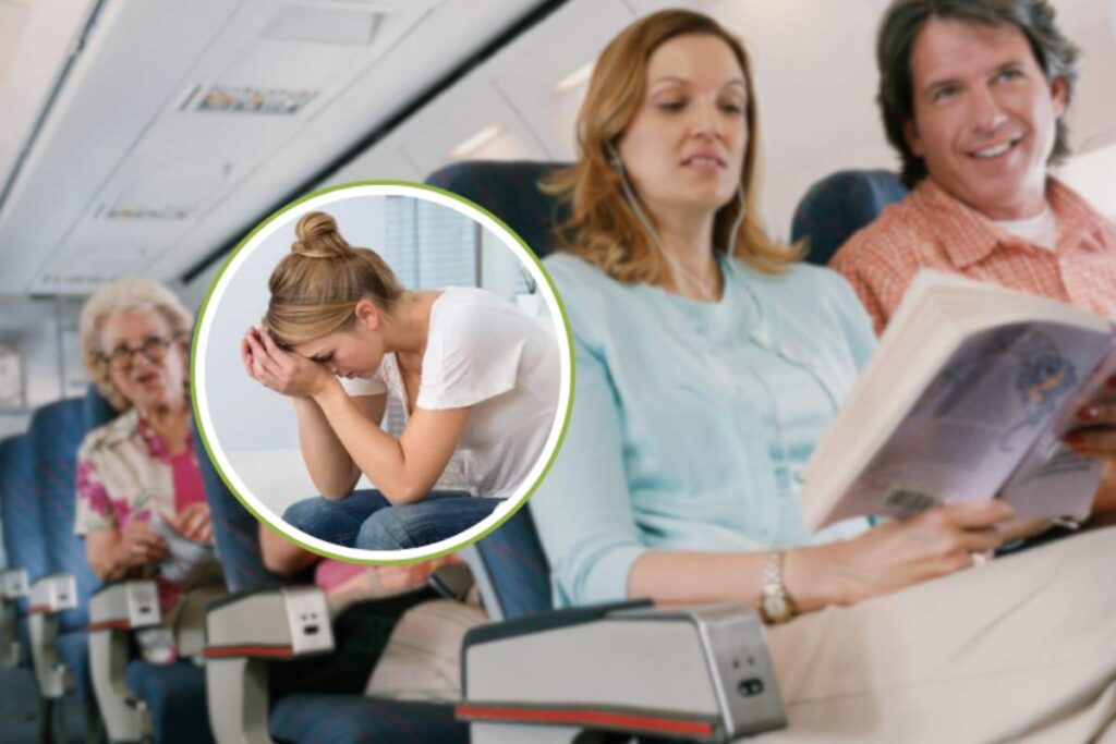 persone in aereo e donna che si sente poco bene