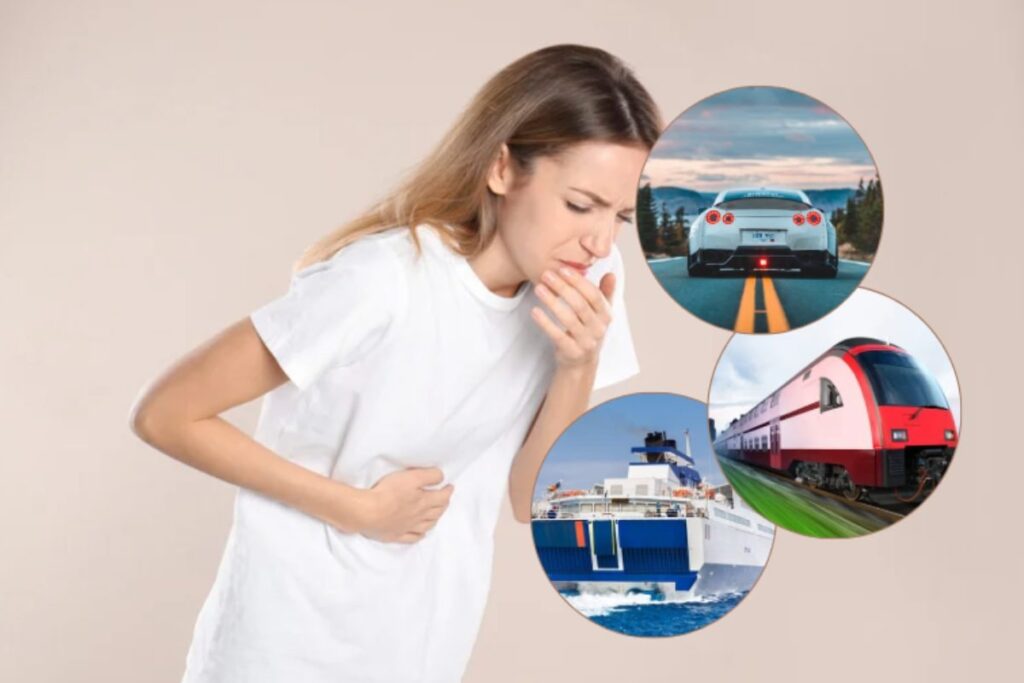 donna che si sente poco bene e miniatura nave treno e aereo
