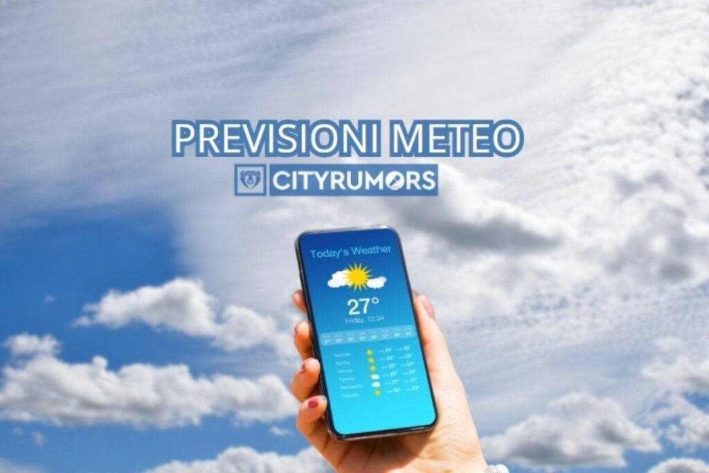 Una app del meteo con sullo sfondo un cielo con nuvole