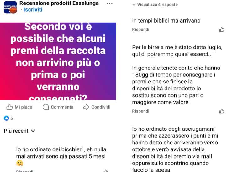 post Facebook con domande su premi Esselunga