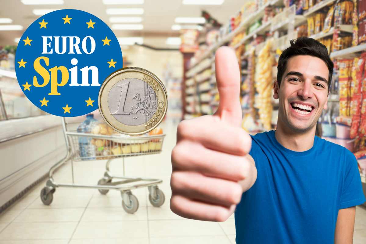 ragazzo al supermercato, logo Eurospin e moneta da 1€
