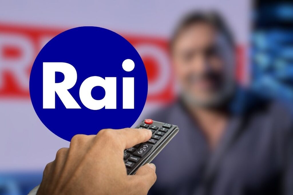 logo rai, telecomando e immagine sfocata
