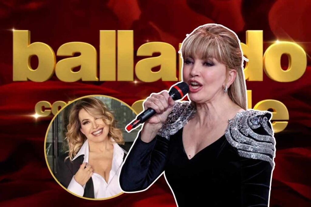 logo ballando, milly carlucci con il microfono e barbara d'urso in un riquadro