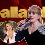 logo ballando, milly carlucci con il microfono e barbara d'urso in un riquadro