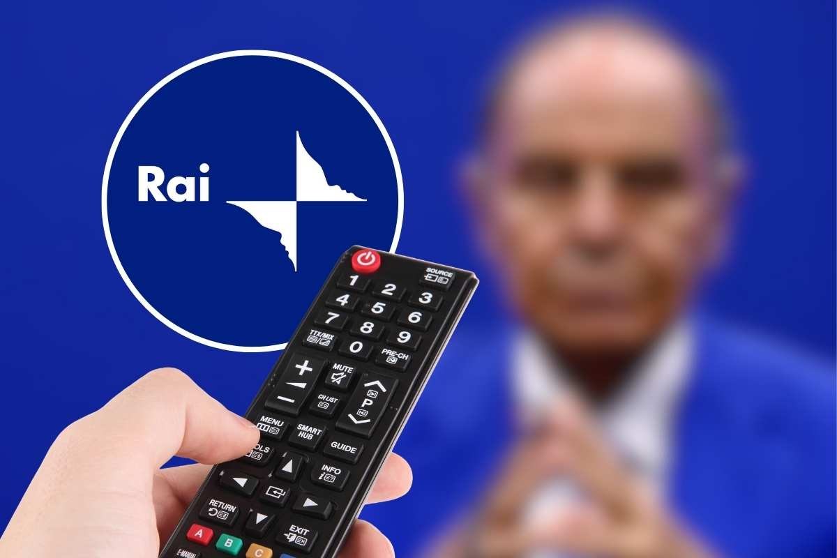 telecomando, logo Rai e immagine sfocata