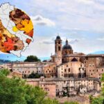 borgo abruzzese, foglie in autunno e cartina Italia