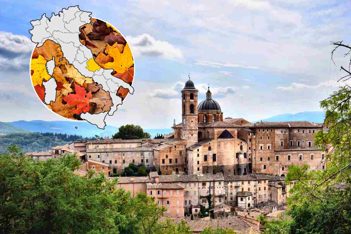 borgo abruzzese, foglie in autunno e cartina Italia