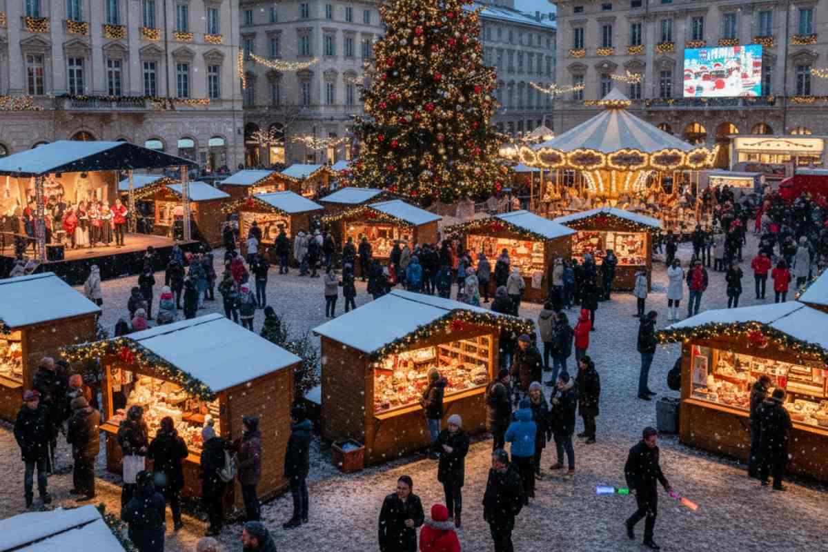 veduta di una piazza innavata con tante persone, eventi e mercatino di natale