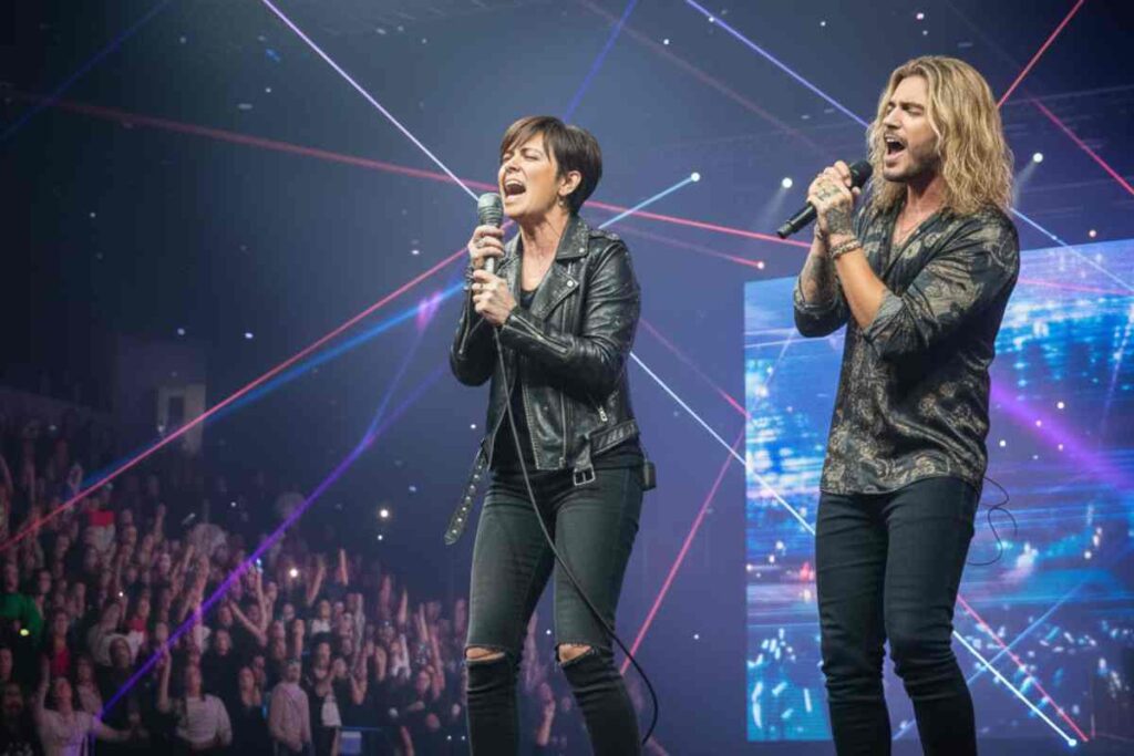 un cantante ed una cantante che cantano su un palco
