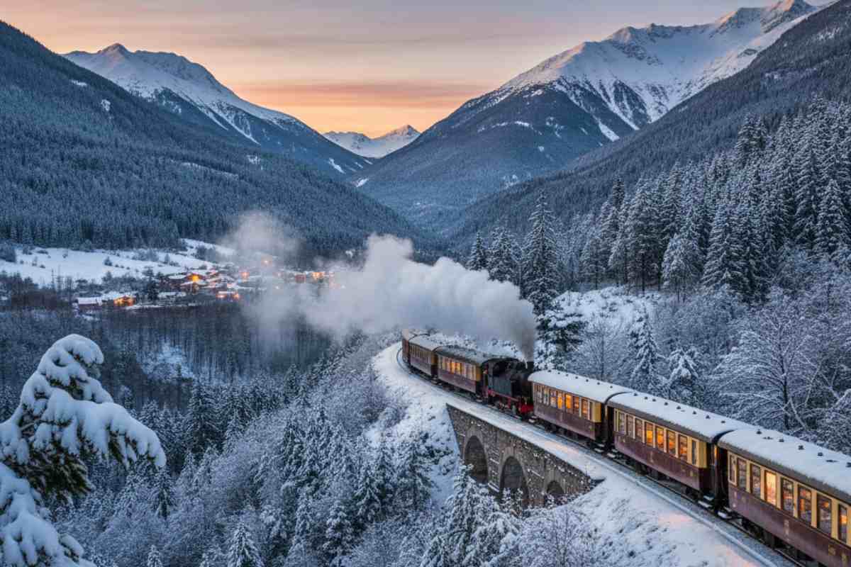 treno che attraversa un paesaggio montano innevato