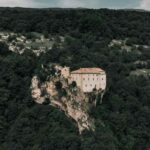 pasino su una rocca tra gli alberi