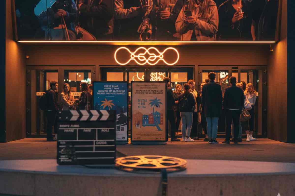 ciak e pellicola in primo piano e gente che si appresta ad entrare al cinema in secondo piano