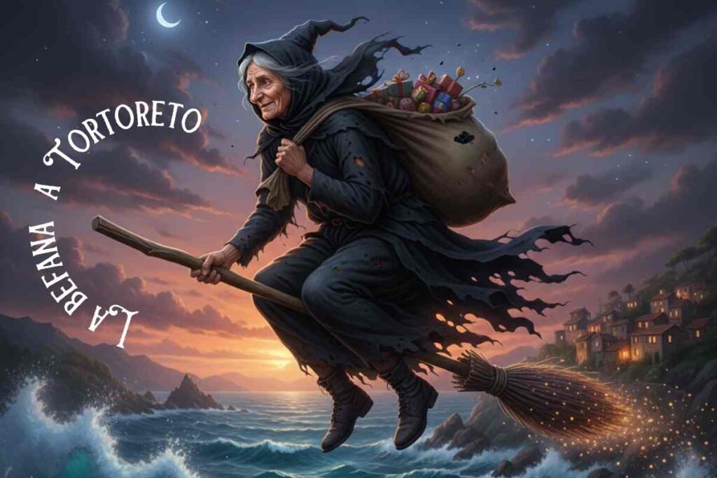 la befana a cavallo della sua scopa sul mare