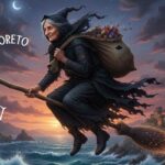 la befana a cavallo della sua scopa sul mare