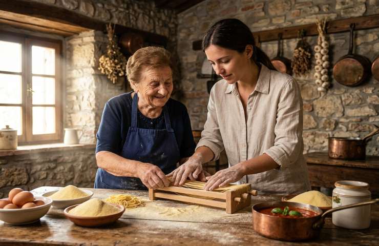 Preparazione artigianale della pasta alla chitarra in Abruzzo: anziana donna insegna a un turista l'antica tecnica culinaria in una cucina tradizionale.