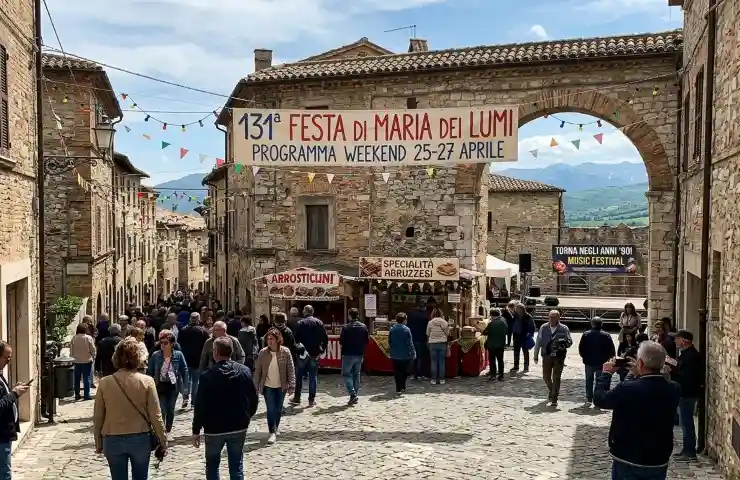 Festa di Maria dei Lumi 2026 a Civitella del Tronto: borgo addobbato, stand di arrosticini e preparativi per il festival musicale del 25 aprile in Abruzzo.