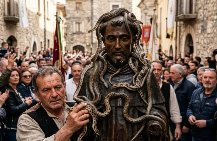 Folla che porta la statua di San Domenico ricoperta di serpenti durante la processione del 1° maggio in Abruzzo per la Festa dei Serpari Cocullo 2026.