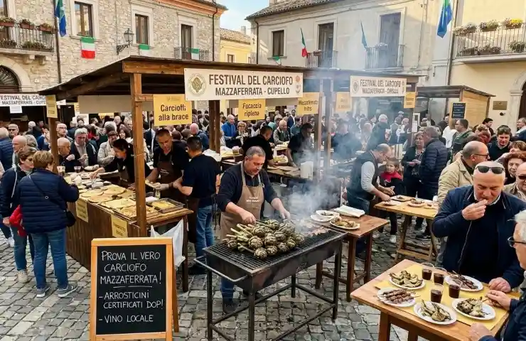 Primo piano di un cuoco abruzzese che griglia carciofi Mazzaferrata e arrosticini su un barbecue aperto durante la vivace Festa del Carciofo a Cupello nel weekend del 25 aprile 2026.