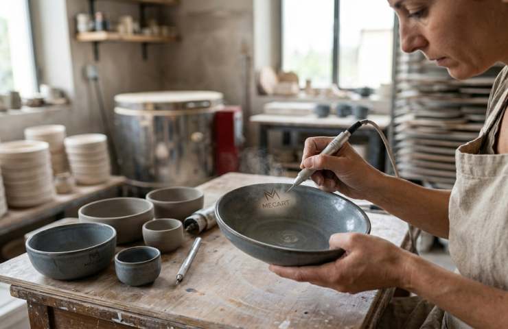 Artigiana al lavoro sulla personalizzazione di piatti Mecart: incisione artigianale e design su misura per la ristorazione 2025.
