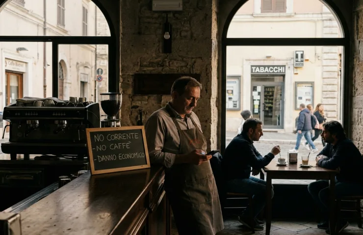 Interno bar Teramo al buio per blackout 21 aprile 2026: foto barista sconsolato e cartello protesta 'NO CORRENTE - NO CAFFÈ - DANNO ECONOMICO'. Crisi energetica centro storico, disservizi Enel Abruzzo e impatto attività commerciali. Immagine cronaca locale e ripercussioni economiche.