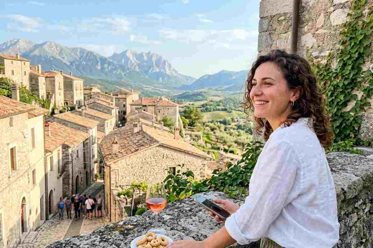 Panorama borgo medievale Abruzzo con turista, calice di vino e montagne del Gran Sasso sullo sfondo durante una vacanza estiva.