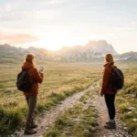 Panorama luminoso di Campo Imperatore nel Gran Sasso d'Abruzzo all'alba, meta del turismo quiet luxury e dei santuari sonori.