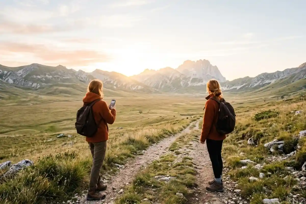 Panorama luminoso di Campo Imperatore nel Gran Sasso d'Abruzzo all'alba, meta del turismo quiet luxury e dei santuari sonori.