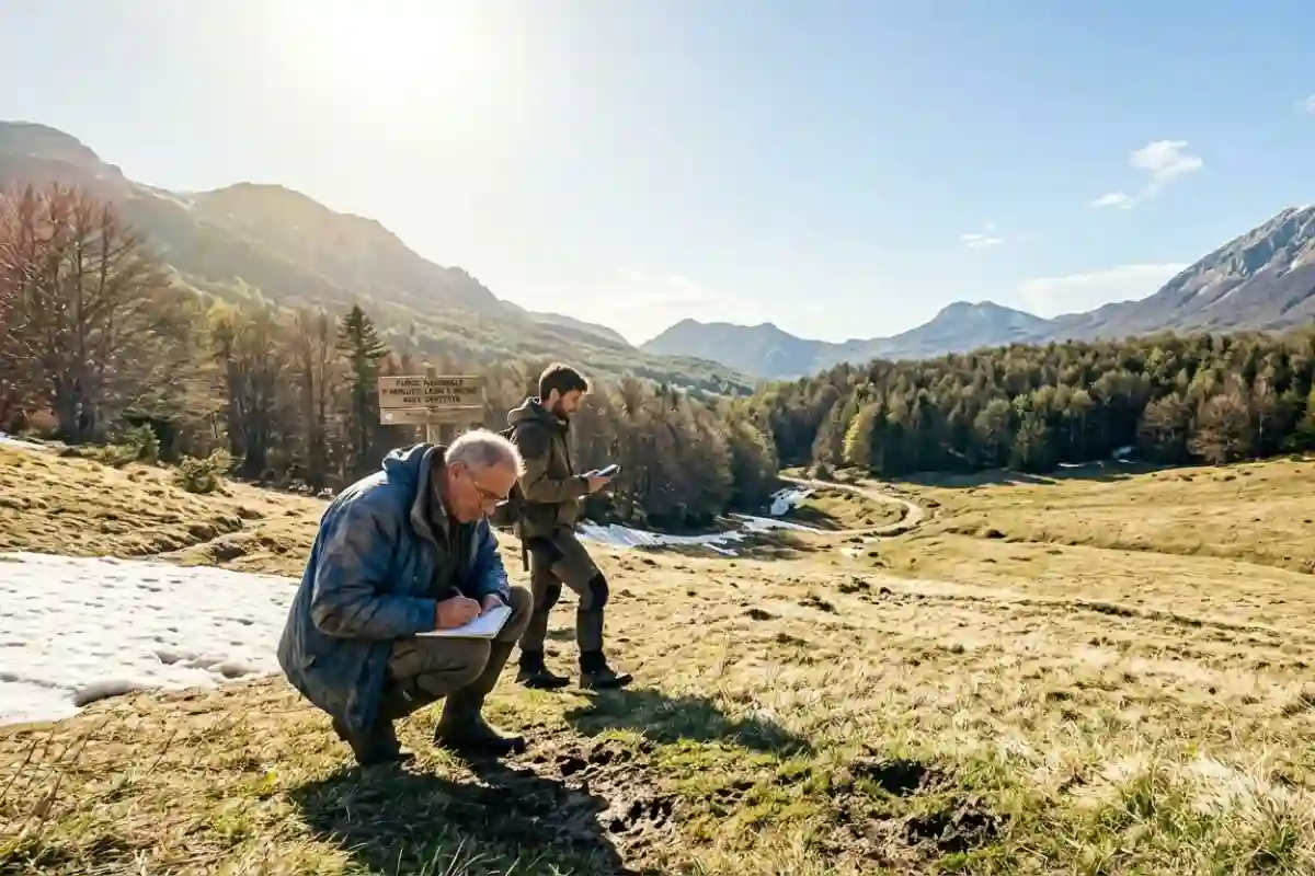 Rilievi forestali nel Parco Nazionale d'Abruzzo per il caso dei lupi avvelenati: esperti analizzano il terreno tra le montagne appenniniche.
