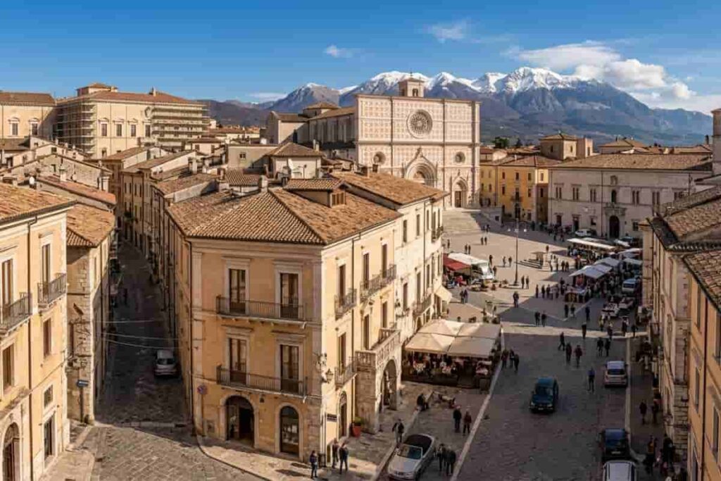 Veduta panoramica dall'alto del centro storico dell'Aquila, Abruzzo, con la Basilica di Collemaggio, Piazza Duomo e le montagne del Gran Sasso innevate sullo sfondo in una giornata di sole.