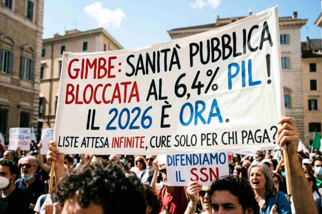 Manifestazione sanità pubblica italiana 2026: striscione allarme GIMBE su spesa bloccata al 6,4% del PIL e liste d'attesa.