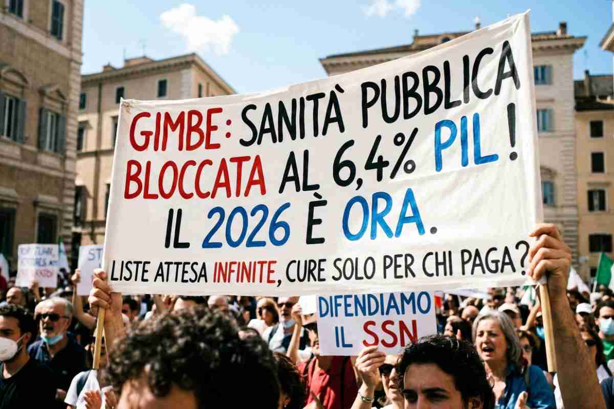 Manifestazione sanità pubblica italiana 2026: striscione allarme GIMBE su spesa bloccata al 6,4% del PIL e liste d'attesa.