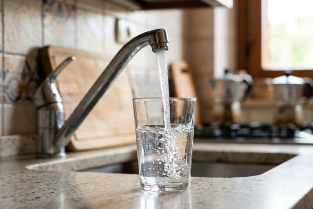 Analisi acqua potabile Pescara: acqua limpida versata in un bicchiere in cucina dopo i test ASL sulla condotta Giardino.